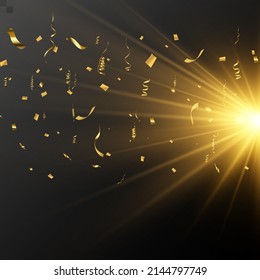 Gold serpentine and confetti isolated on black background. Vector illustration.	