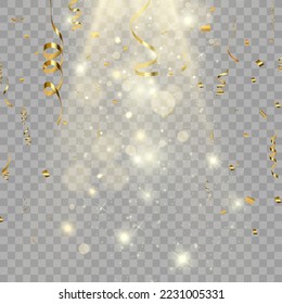 Gold serpentine and confetti isolated on black background. Vector illustration.
