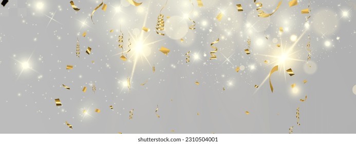 Gold serpentine and confetti isolated on black background. Vector illustration.	