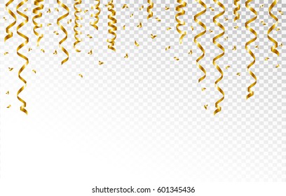 Gold serpentine and confetti isolated on transparent background. Vector illustration.