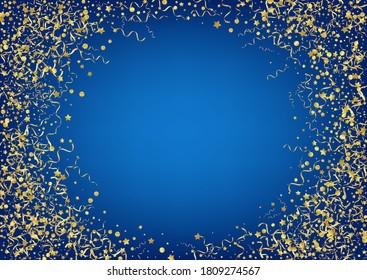 Gold Serpentine Flying Vector Blue Background. Isolated Star Plant. Streamer Happy Invitation. Golden Celebrate Design.