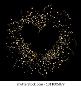 Gold Serpentine Fun Vector Black Background. Decoration Streamer Template. Star Paper Poster. Golden Party Invitation.