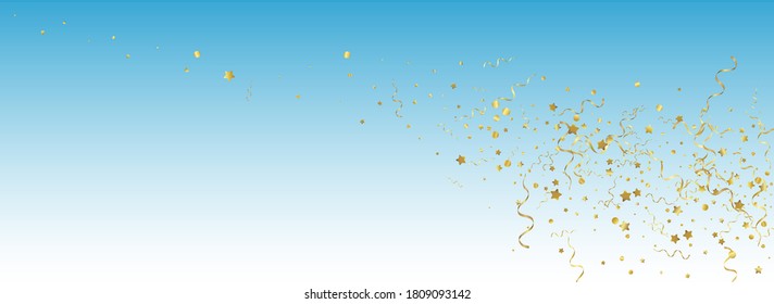 Gold Serpentine Fun Vector Panoramic Blue Background. Carnival Ribbon Plant. Streamer Paper Design. Yellow Swirl Poster.