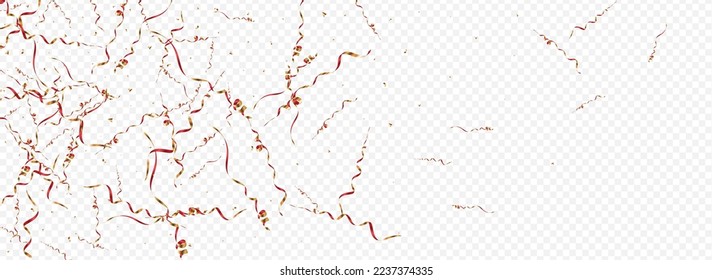 Gold Serpentine Fun Vector Panoramic Transparent Background. Decoration Confetti Plant. Star Swirl Template. Red and Gold Anniversary Invitation.