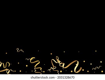 Gold Serpentine Isolated Vector Black Background. Swirl Streamer Invitation. Star Paper Illustration. Golden Party Plant.