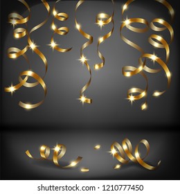 Gold serpentine, metallic ribbons on black background, celebration decoration, elements for birthday party, New Year greeting design, vector illustration