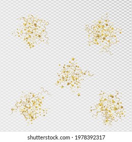 Gold Serpentine Paper Vector Transparent Background. Shiny Confetti Poster. Spiral Isolated Invitation. Golden Carnival Plant.
