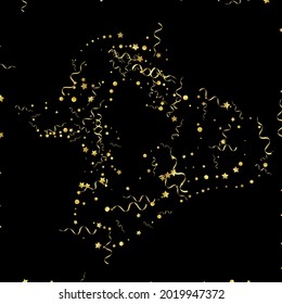 Gold Serpentine Party Vector Black Background. Swirl Star Illustration. Confetti Celebrate Invitation. Golden Anniversary Plant.