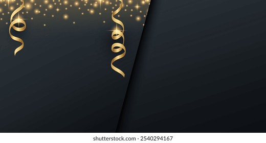 Gold serpentine ribbons and bright glittering sparks. Black color background. Festive template. Vector illustration.