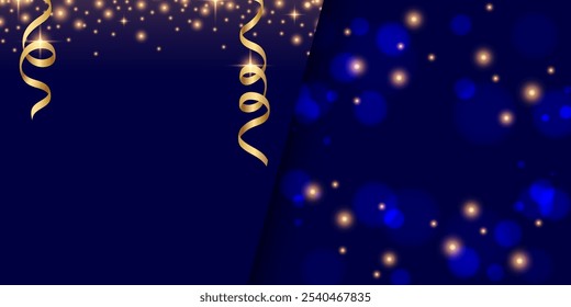 Gold serpentine ribbons, bright glittering sparks and bokeh lights. Blue color background. Festive template. Vector illustration.