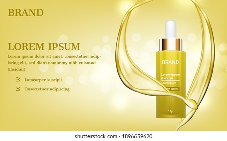 Gold Serum Bottle With Bright Pouring Liquid Background