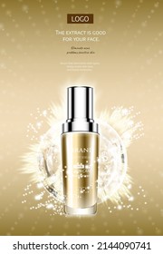 Goldene Serumessenzelflasche auf Bubble Liquid Effect Hintergrund. Premium Skincare und Concept Template. Goldblasen aus Vektorgold. 3D-Illustration