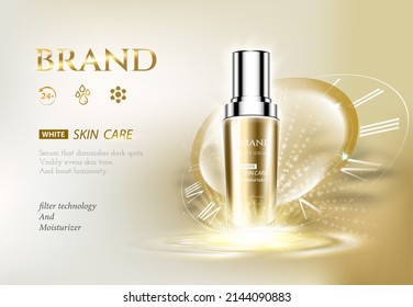 Gold serum essence oil bottle on bubble liquid effect background. Premium skincare treatment ad concept template. Vector gold water gold bubbles. 3D illustration