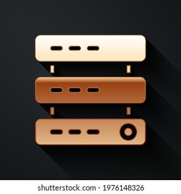 Gold Server, Data, Web Hosting icon isolated on black background. Long shadow style. Vector