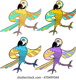 gold set with dancing fun Caribbean parrot vector illustration