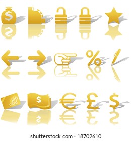 A gold set of Finance, Money, and Website Navigation icons for internet business and communications, with reflections and shadows.