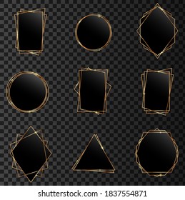 Juego dorado de marco geométrico con espejos negros. Juego de oro con poliedro geométrico