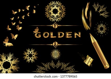 Gold set on a black background, butterflies, patterns, pencil
