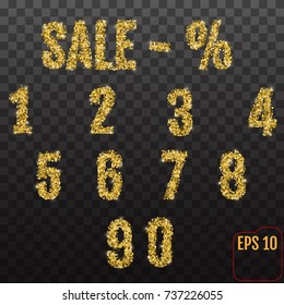 Gold set for theme "sale". Shine backdrop for flyer, poster, shopping, for sale sign, discount, marketing, selling, banner, web, header. Abstract golden background text, type, quote. Gold blur backdrop