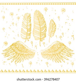 Gold set of three ethnic feathers and wings on white background. Vector decorative elements hippie, Boho