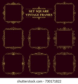 gold set of vintage classic elegant square frames with floral ornaments. dots of leaves and monograms