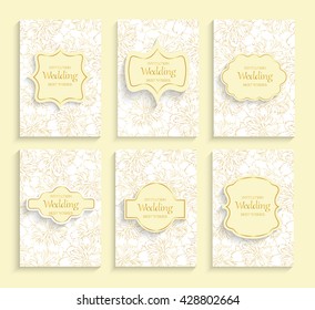 gold set wedding invitations with golden peony and vintage frame.set wedding card flyer pages  Vintage art traditional, Vector decorative retro greeting card or invitation design.