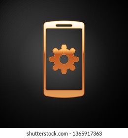 Gold Setting on smartphone screen icon on black background. Mobile phone and gear sign. Adjusting app, set options, repair, fixing phone concepts. Vector Illustration