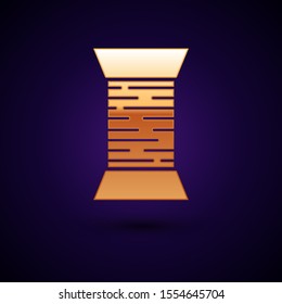 Gold Sewing thread on spool icon isolated on dark blue background. Yarn spool. Thread bobbin.  Vector Illustration