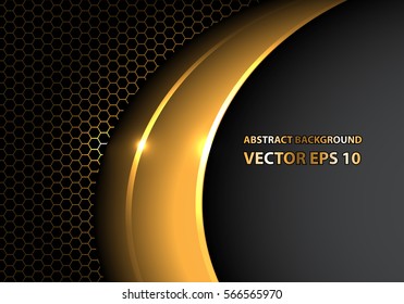 Gold shape curve on gray hexagon mesh design luxury modern background vector illustration.