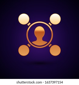 Gold Share icon isolated on dark blue background. Sharing, communication pictogram, social media, connection, network, distribute.  Vector Illustration