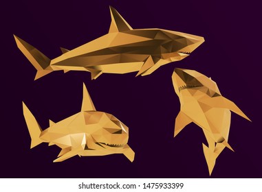 Gold Shark. Shiny Metallic Set of Golden Great White Sharks on Purple Background. Low Poly Vector 3D Rendering