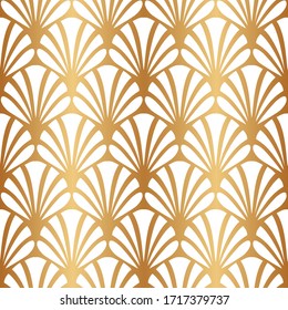 Gold shell. Seamless pattern scale. Golden fan ornate background. Elegant gold ornament. Abstract stylish floral golden motif for design textile, interior, cases, prints. Classic great style. Vector 