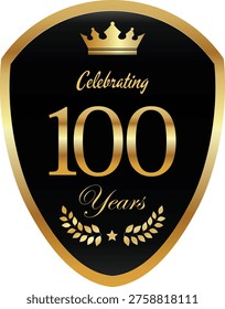 Gold shield with 100 years celebrating text