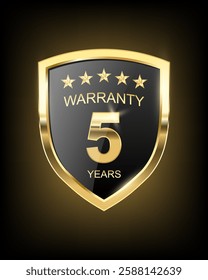 Gold shield 5 years warranty label,Realistic isolated golden armory trophy with metal coat and stars icon,3d luxury  Warranty card stamp or banner for service provider, vintage guard shiny royal award