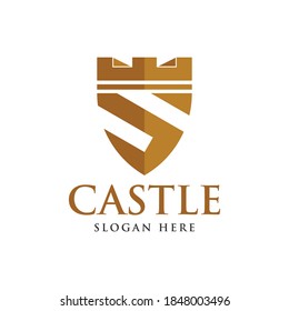 gold shield with castle and initial S logo - Vector logo template