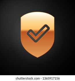Gold Shield with check mark icon isolated on black background. Protection symbol. Security check Icon. Tick mark approved icon. Vector Illustration