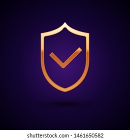 Gold Shield with check mark icon isolated on dark blue background. Protection symbol. Security check Icon. Tick mark approved icon.  Vector Illustration