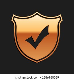 Gold Shield with check mark icon isolated on black background. Long shadow style. Vector.