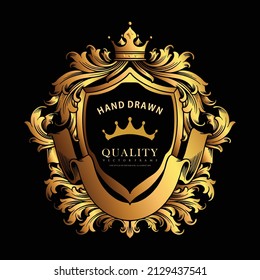 Gold shield crown badge Logo classic ribbon