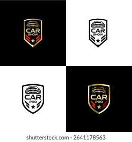 A gold shield emblem logo showcasing a front view of a car, ideal for automotive events or luxury car shows.