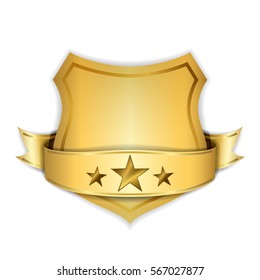 Gold shield emblem ribbon icon. Golden sign silhouette, isolated white background. Symbol of trophy, heraldic award, royal security, protect. Heraldic label. Logo decoration Vector illustration