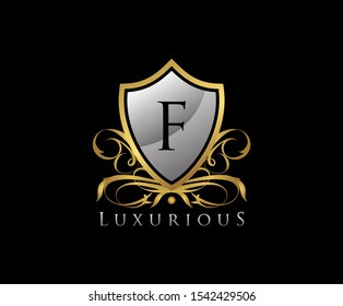 Gold Shield F Letter Logo. Gold Vintage Shield With F Letter prefect for boutique, hotel, restaurant, wedding and other elegant business. 