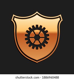 Gold Shield with gear icon isolated on black background. Long shadow style. Vector.