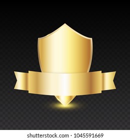 Gold shield with golden ribbon isolated on transparent background. Vector illustration fotr your design.