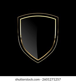 Gold shield, golden thin frame. Gold geometric borders in art deco style, luxury safety protection emblem, Thin linear premium and luxury. vector design illustration on dark background 