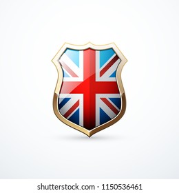Goldener Schild mit Flaggenelementen aus Großbritannien. Großbritannien Schild Symbol. Vektorgrafik