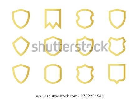 Gold shield herald logos set with multiple blank crest shapes, luxury metallic badge collection for premium branding, security, awards and vintage coat of arms design, vector icon pack