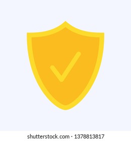 Gold shield icon isolated on blue background, protected guard shield concept