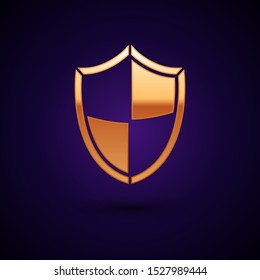 Gold Shield icon isolated on dark blue background. Guard sign. Security, safety, protection, privacy concept.  Vector Illustration