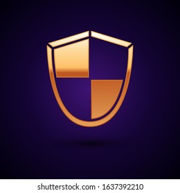 Gold Shield icon isolated on dark blue background. Guard sign. Security, safety, protection, privacy concept.  Vector Illustration